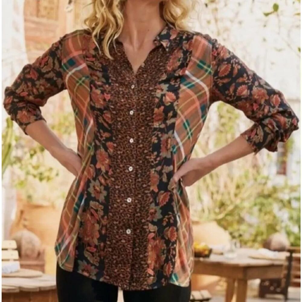 Soft Surroundings small boho animal print, floral, plaid button up blouse. - Picture 1 of 9